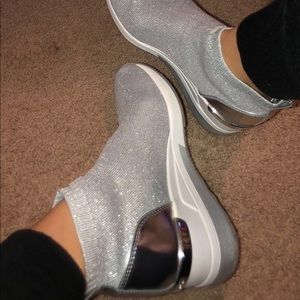 Micheal Kors sock wedge booties silver